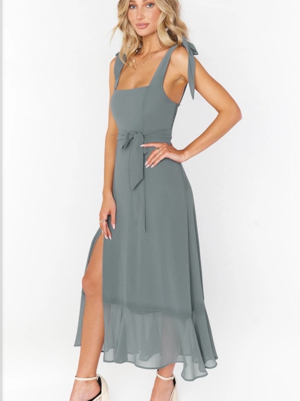 Show Me Your MuMu Sage Green Tie-Shoulder Midi Dress with Ruffle Hem